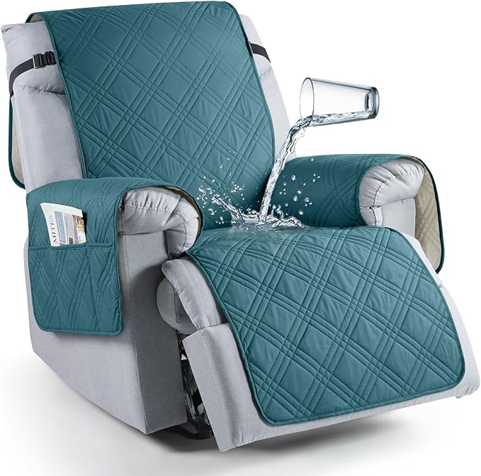 TAOCOCO 100% Waterproof Recliner Chair Covers, Non Slip Recliner Covers for Recliner Chair with Pocket, Washable Reclining Chair Cover Furniture Protector for Kids,Dogs(25'', Peacock Blue)