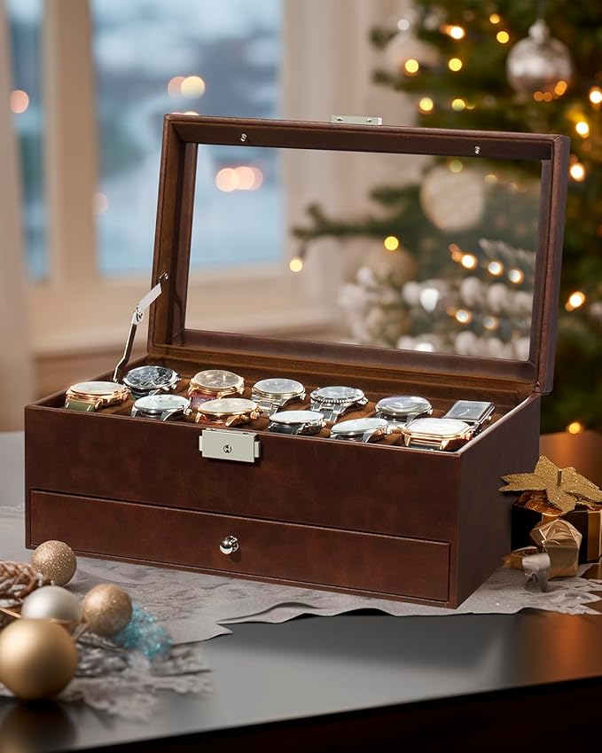 GUKA Watch Box 12 Slot Watch Display Organizer Leather Jewelry Case Drawer Glass Birthday for Men Women, Child Husband Dad GK-012-BROWN-LED-24