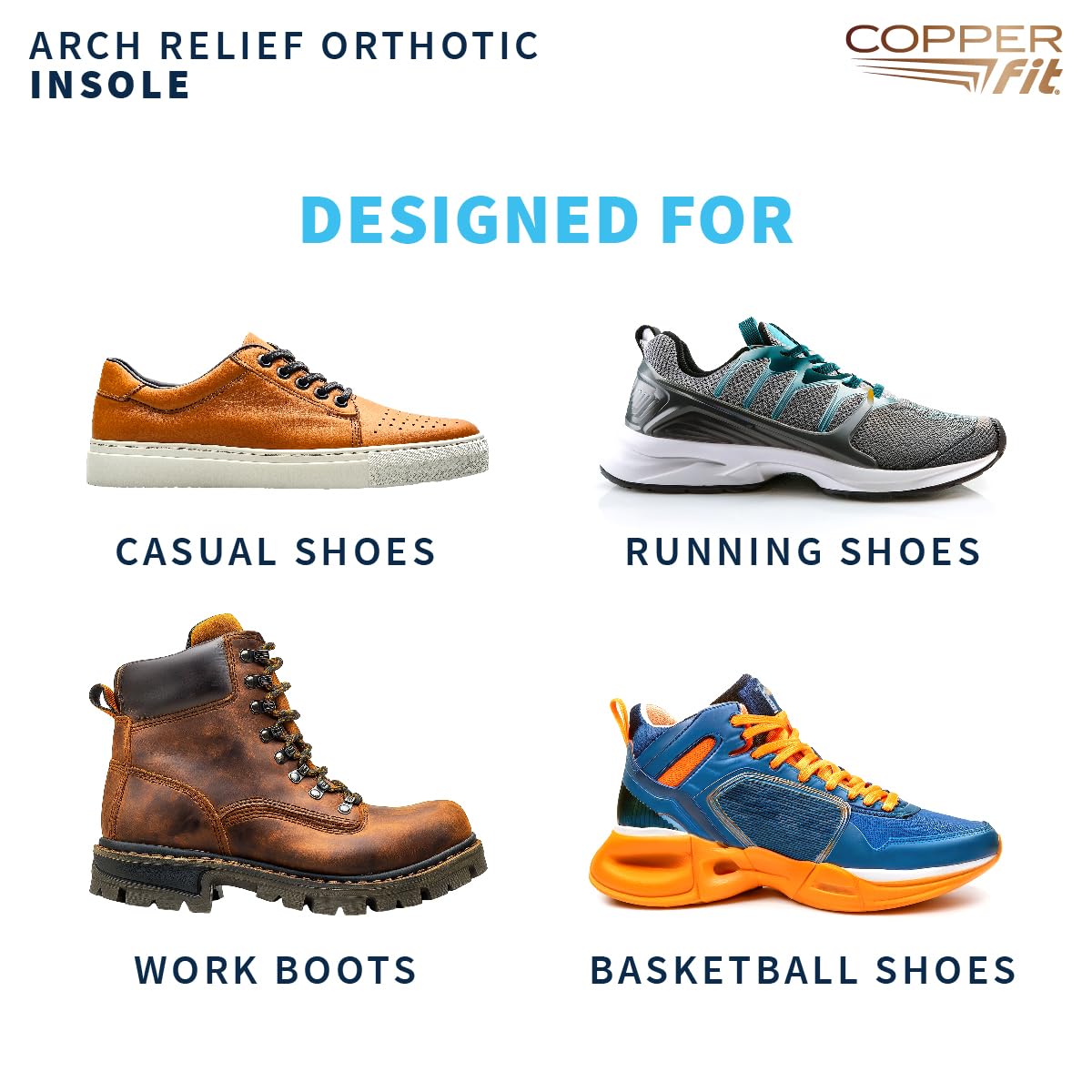 Copper Fit Arch Relief Orthotics – Plantar Fasciitis, Flat Feet – Adaptive, Comfortable Arch Support – Low to High Arches – Absorb Shock – Insoles for Men and Women (Large)