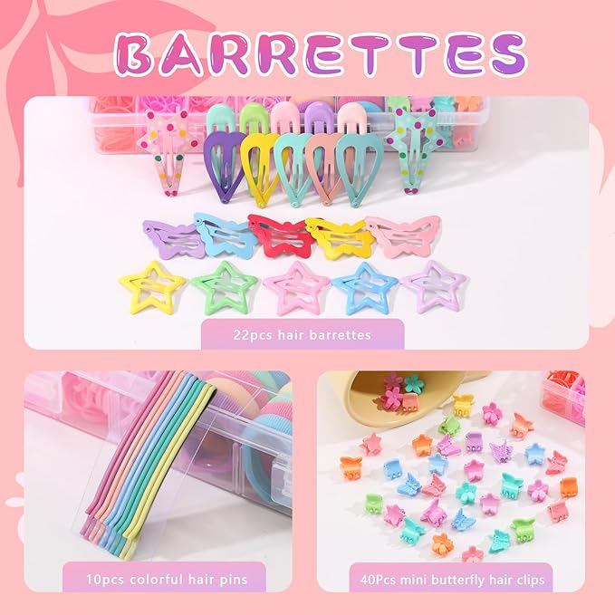 Hair Ties, Hair Accessories for Girls, 1350P Colorful Hair Ties Set with 72P Hair Clips, Bobby Pins for Toddlers, Butterfly Hair Clips for Kids, Hair Barrettes with Hair Comb Set & Organizer Box