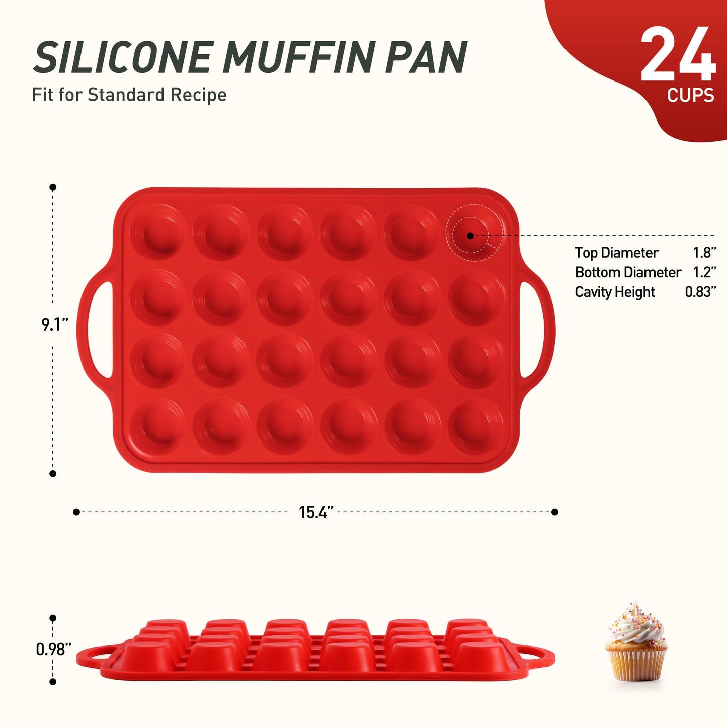 24 Cups Silicone Muffin Pan with Metal Reinforced Frame Mini Size Cupcake Pan Tray Egg Bites Silicone Circle Cookie Molds Muffin Tin Tart Pans Baking Sheet Set for Breakfast Sandwiches Round