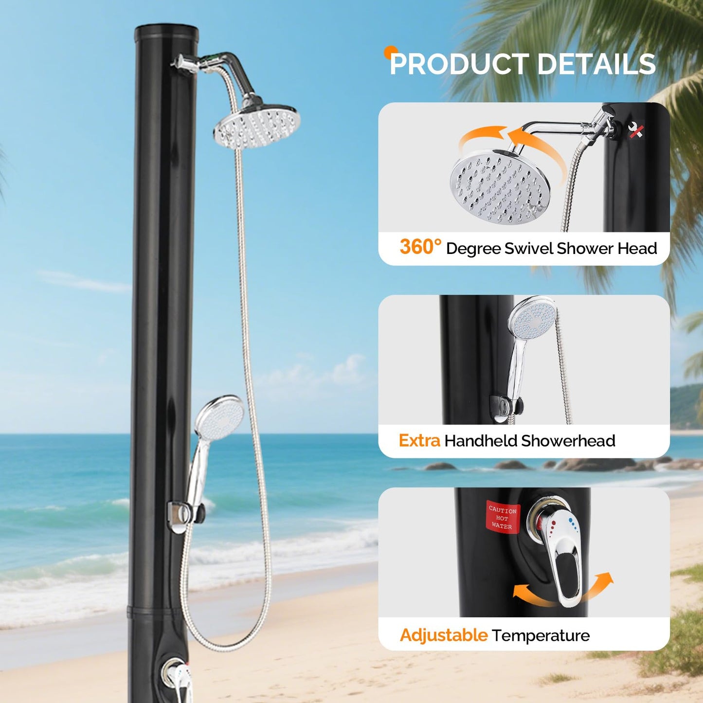 VINGLI 5 Gallon Solar Heated Outdoor Shower, 7.2 FT Height, Freestanding Outside Shower with 360° Swivel Shower Head & Foot Faucet, Hot & Cold Water Adjustment, Black