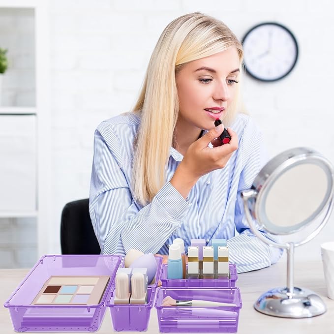 SpaceHacks 15 PCS Clear Plastic Drawer Organizer Set, 4-Size Acrylic Drawer Storage Trays, Storage Bins for Makeup, Gadgets, and Jewelry in Bathroom, Bedroom and Office, Clear Purple