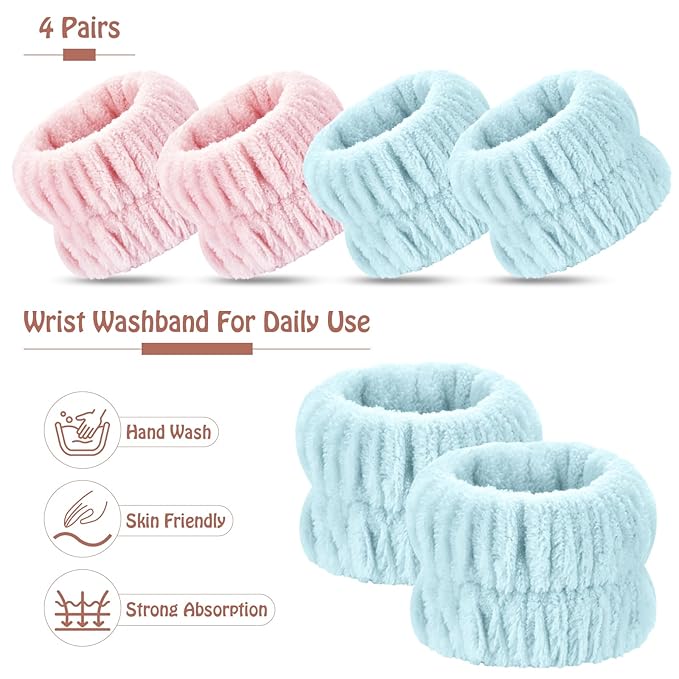Wrist Bands for Washing Face, 4pcs Spa Face Washing Wristbands, Microfiber Arm Wrist Towels, Absorbent Wash Wristbands for Woman Men, Prevent Water from Spilling Down Your Arms