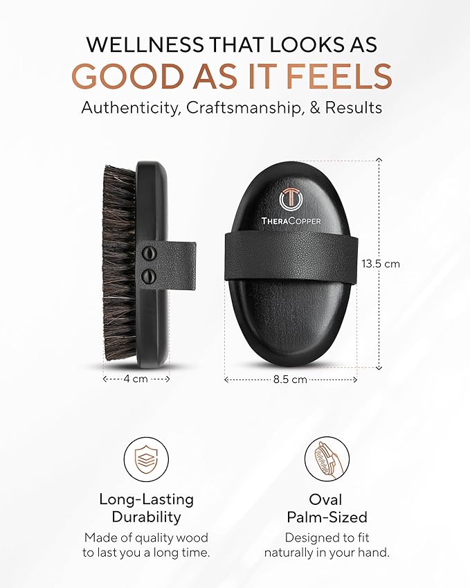 TheraCopper Copper Body Brush - Premium Ionic Copper Dry Brushing Body Brush for Lymphatic Drainage - Natural Copper-Bristles for Exfoliation, Cellulite Reduction, Improve Circulation & Radiant Skin