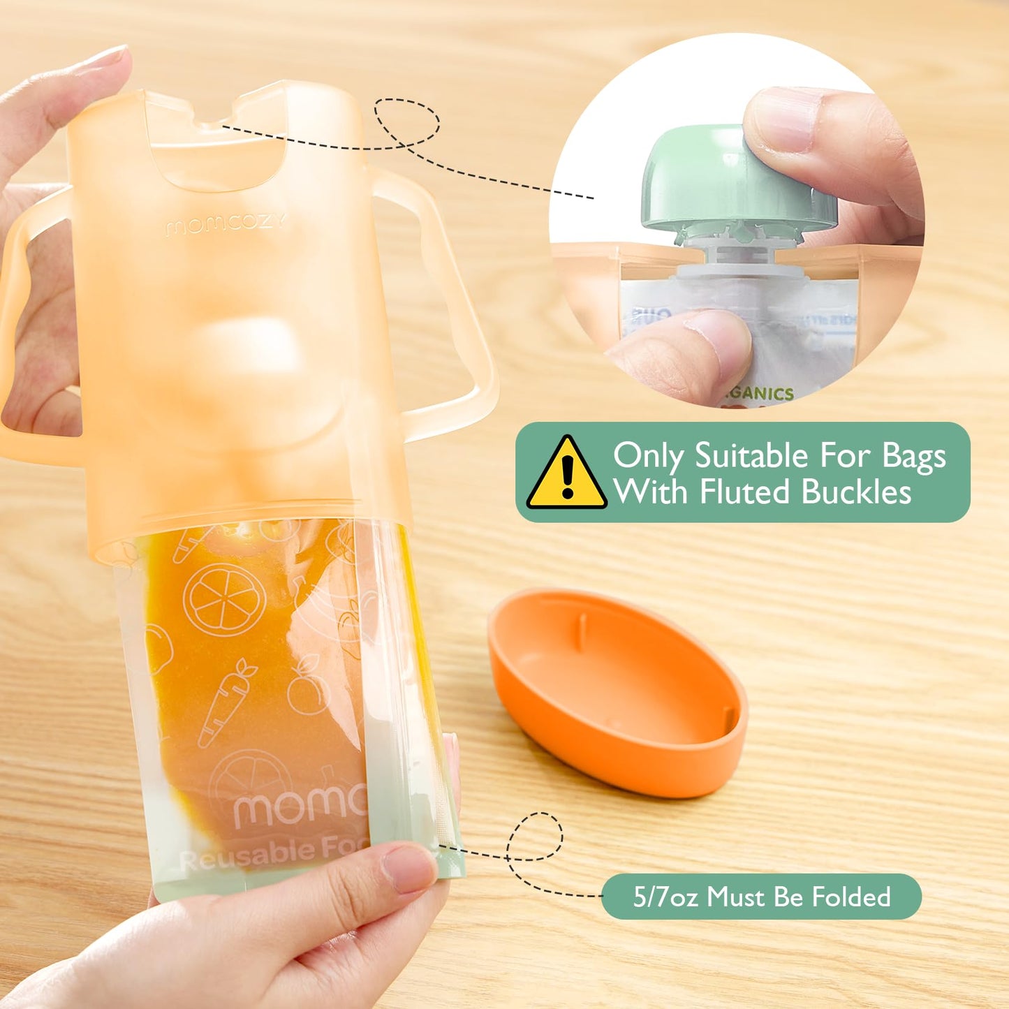 Momcozy Baby Pouch Holder No Squeeze for Food Pouches and Drink Boxes, Allows Baby to Self-feed and Avoid Messes, Baby Food Pouch Holder Handle is Easy to Grip, Comfortable, Green&Orange