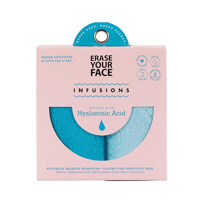ERASE YOUR FACE Infusions Reusable Makeup Remover Cloths - Hydrating Makeup Wipes Infused with Hyaluronic Acid - Water Activated & Suitable for Sensitive Skin (2 Count)