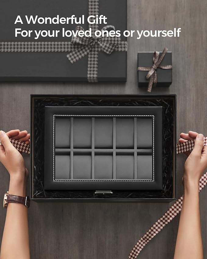 SONGMICS Watch Box, 20-Slot Watch Case Organizer with Large Glass Lid, Removable Pillows, Metal Lock, Gift for Loved Ones, Black Synthetic Leather, Gray Lining UJWB006V1