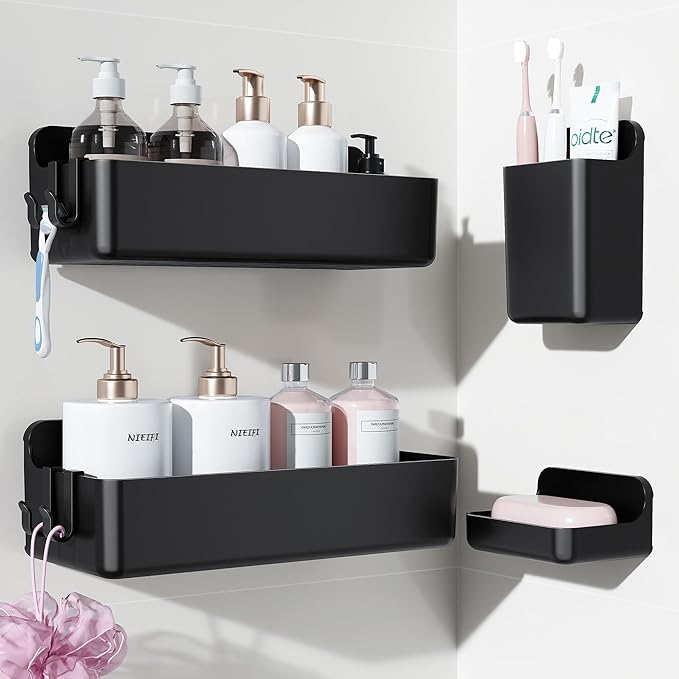 Nieifi Adhesive Wall Shelf, Shower Shelves, Shower Organizer for Bathroom Organization (Black, 4 pieces)