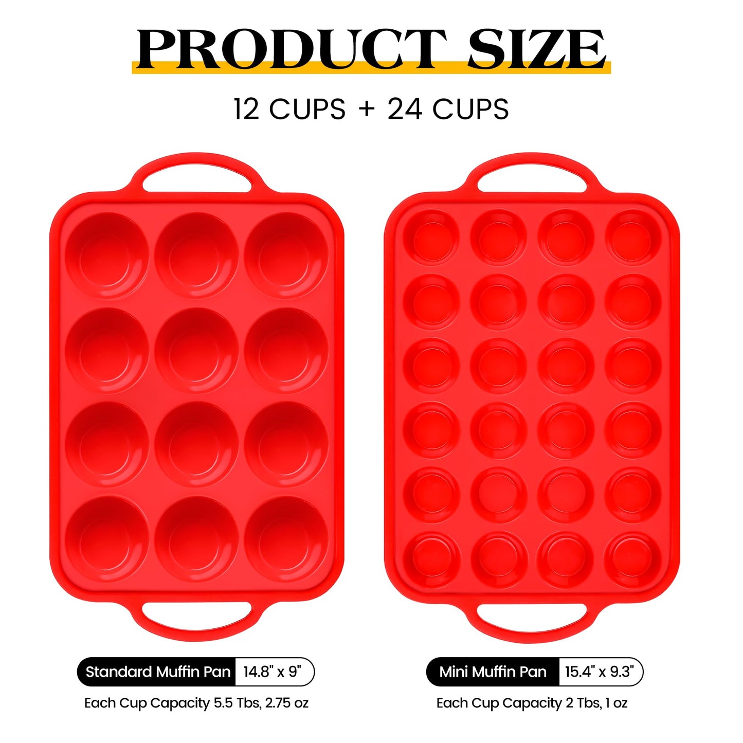 AOTASO Regular 12 Cup and Mini 24 Cup Nonstick Cupcake Pan Set Silicone Muffin Pan for Baking Silicone Cupcake Mold with Metal Reinforced Frame BPA Free (2 Pcs, Red)