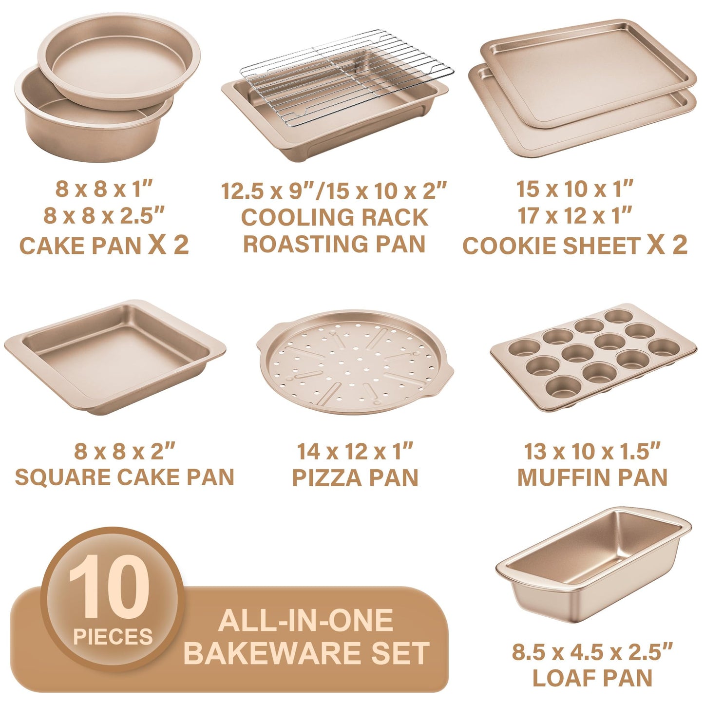 HONGBAKE Bakeware Sets, Baking Pans Set, Nonstick Oven Pan for Kitchen with Wider Grips, 10-Piece Including Rack, Cookie Sheet, Cake Pans, Loaf Pan, Muffin Pan, Pizza Pan - Champagne Gold