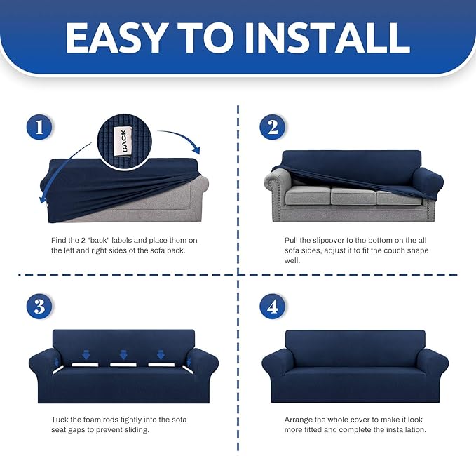KEKUOU Stretch Loveseat Sofa Cover Slipcover,Couch Covers for 2 Cushion Couch Sofa (55"-78") Furniture Protector Sofa with Elastic Bottom for Kids,Dog. Jacquard Small Checked (Medium,Navy Blue)