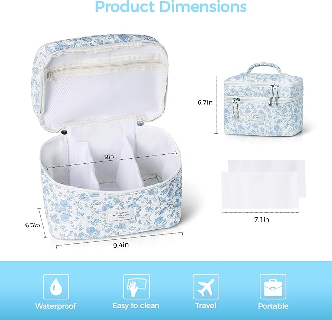 Makeup bag, Large Cosmetic Bag for Women Girls, Cute Quilted Makeup Bags, Floral Coquette Aesthetic Toiletry Bag, Travel Make Up Organizer Bag (Blue Flowers)