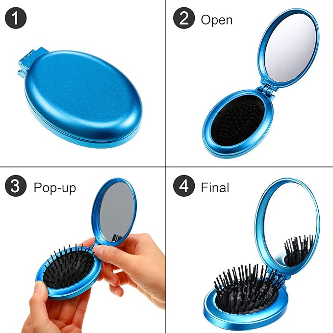Boao 2 Pack Foldable Travel Mirror Hair Brushes Portable Folding Pocket Hair Brush Mini Comb Compact Travel Size Massage Comb for Men Women(Blue, Purple,Round)