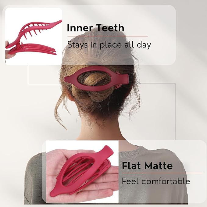 8 Pack Red Flat Hair Clips – Matte Large French Red Claw Clips for Women, Strong Hold No Slip Grip for Thick or Thin Hair, Bold & Chic Look for Date or Party Styling