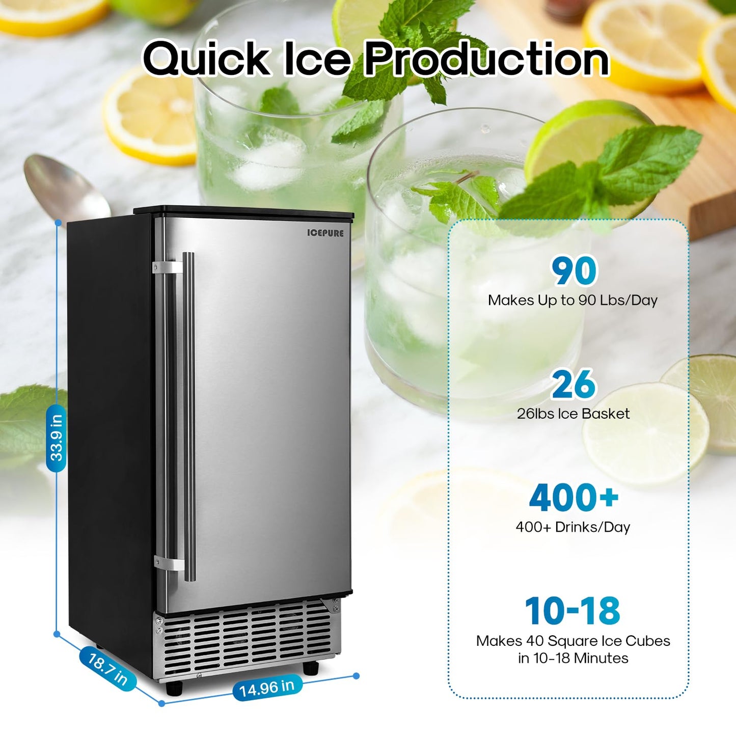 ICEPURE 15" Under Counter Ice Maker with Drain Pump, 90lbs/24H, Self-Cleaning, Smart Reminder, 24H Timer, ETL FCC, Built-in or Freestanding for Residential and Commercial, Stainless Steel