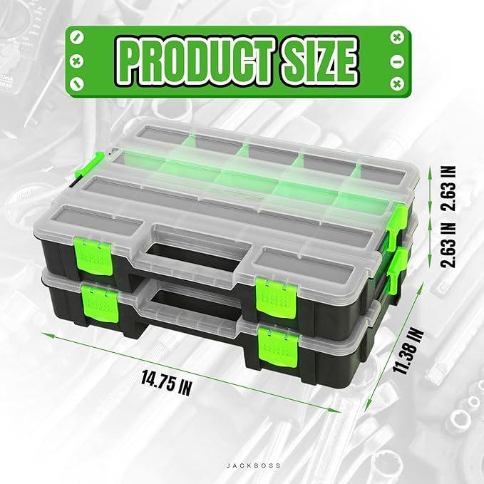 Tool Box with Transparent Lid, Single Side 17-Compartments Organizer Box with Removable Dividers for Hardware, Screws, Bolts, Nails, Beads, Jewelry and Fishing Accessories, Green, 2 Pack