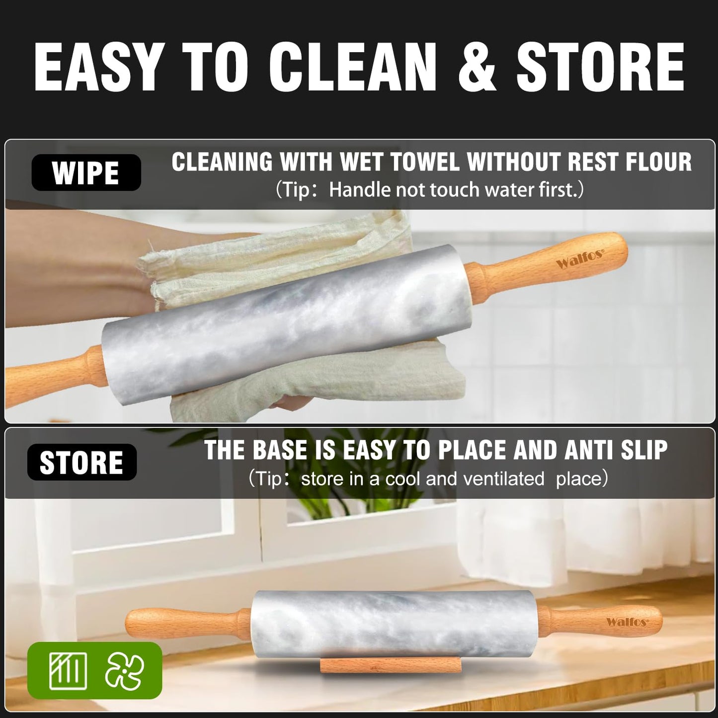 Walfos Marble Rolling Pin Set With Non Stick Silicone Pastry Mat, 16.5 Inch Dough Rolling Pins For Making Pizza, Tortillas And Cookies, Backing Rolling Pin For Pie Crust, Pizza, Pasta (Gray & White)
