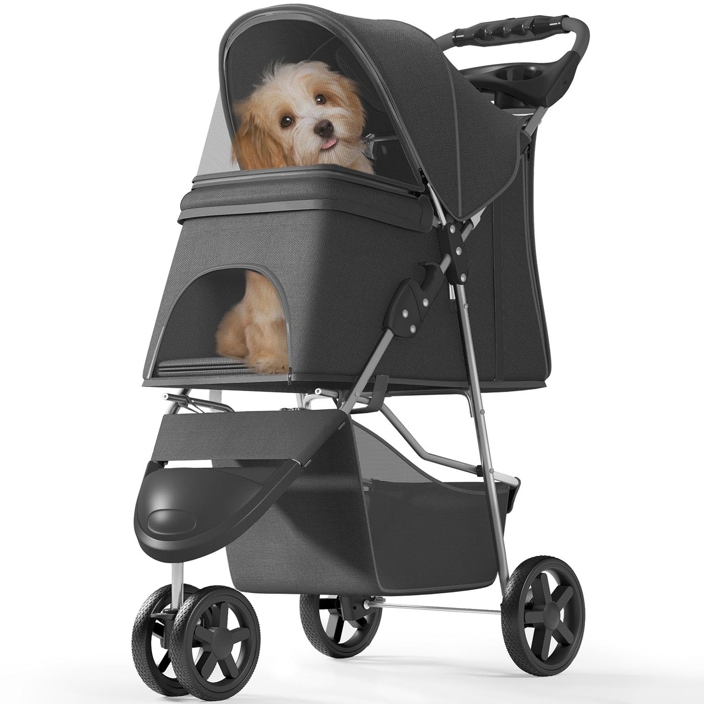 OS MOTOR Pet Stroller with 3 Wheels for Small/Medium Pets, Portable Travel Foldable Carrier Jogger for Dog Cat Puppy Kitty, Rear Wheel Breaks, Storage Basket, Visible Mesh with Weather Cover (Black)
