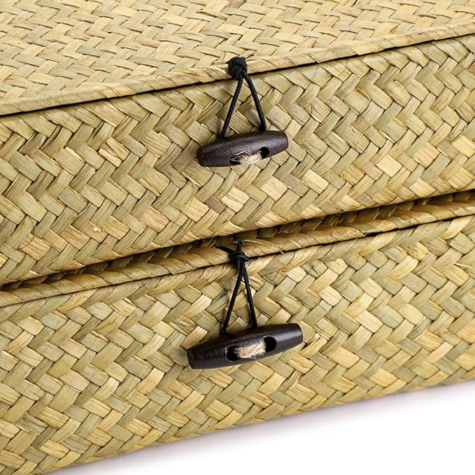 Hipiwe Natural Seagrass Storage Bins with Lid, Woven Wicker Basket Boxes Home Organizer Bins Shelf Organizer Box,Set of 2
