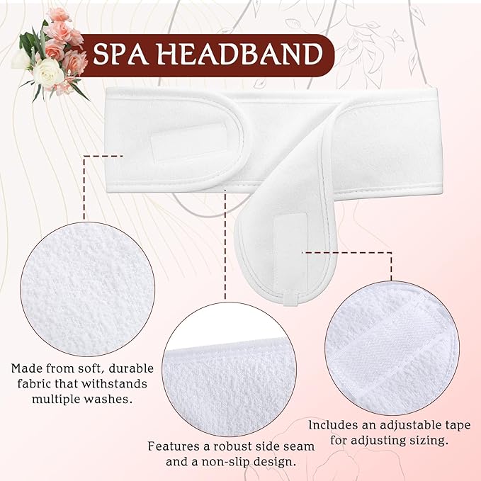 30 Pcs White Spa Headband, 23.6 x 3.3 Inch Soft Facial Headband Esthetician with Hook and Loop Tape Adjustable Terry Cloth Makeup Hair Wrap for Women Girls for Shower Face Washing Yoga Sports Makeup