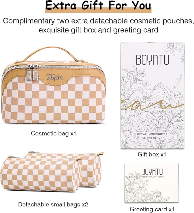 BOYATU Travel Makeup Bag Organizer Cosmetic Bag: 3 Pcs Set Make up Bags for Women with Handle - Waterproof Vegan Leather Toiletry Bag (01-G-Apricot)