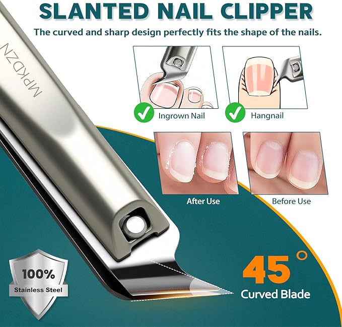 Pro 5-in-1 Nail Clippers Set for Men & Women. Ultra Sharp Stainless Steel Manicure Kit w/Angled Trimmer in Luxury Leather Case. Travel & Home Use (5-in-1 Silver)