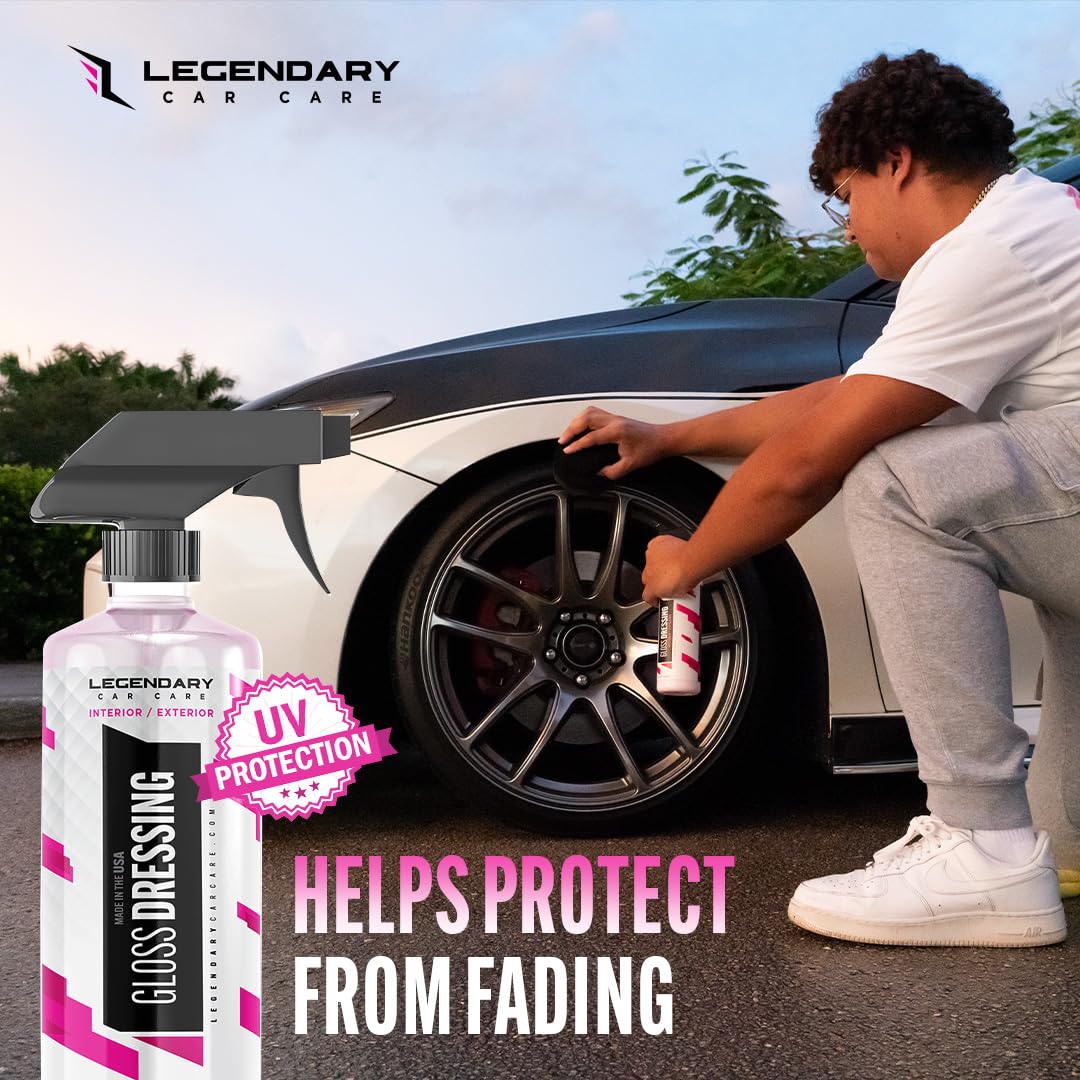 Legendary Gloss Dressing with Applicator 16oz - Tire Shine Spray & Plastic Restorer – Water Based & Non-Greasy Interior/Exterior Detailing Spray - Trim, Rubber, Vinyl & Plastic Restorer for Cars