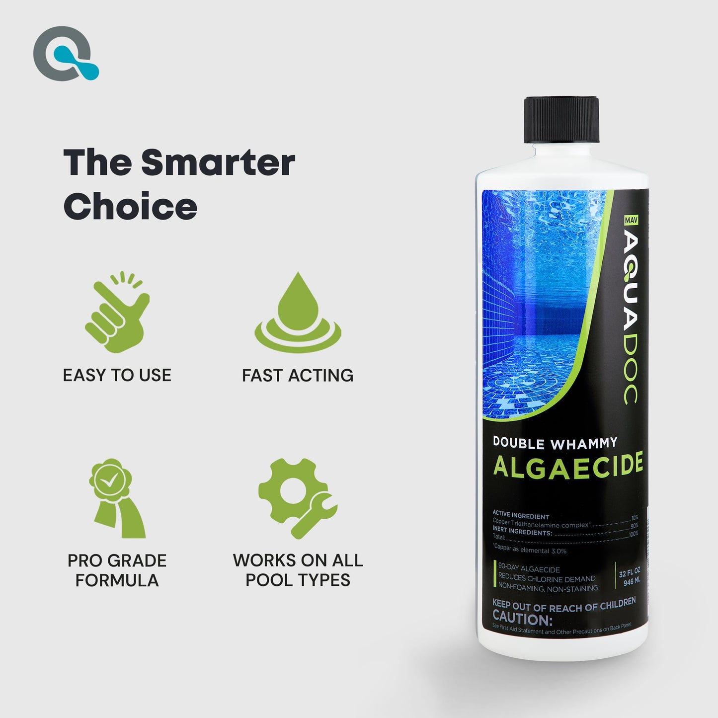 Copper Pool Algaecide for Swimming Pool - 90 Day Algaecide for Inground Pool to Prevent and Remove Pool Algae - Super Algaecide for Pool Opening - AquaDoc 32oz