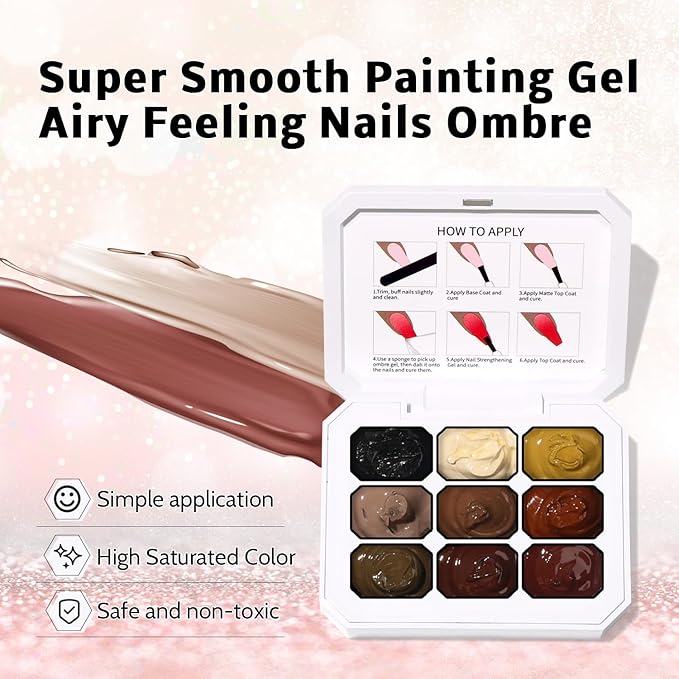 Patting Gel Nail Polish Set, 9 Colors Ombre Gel Polish Palette 100pcs Sponges 6pcs Brushes 1 Grabber, Colors Blending Painting Art, No Wipe, UV/LED Cured (Set 02)