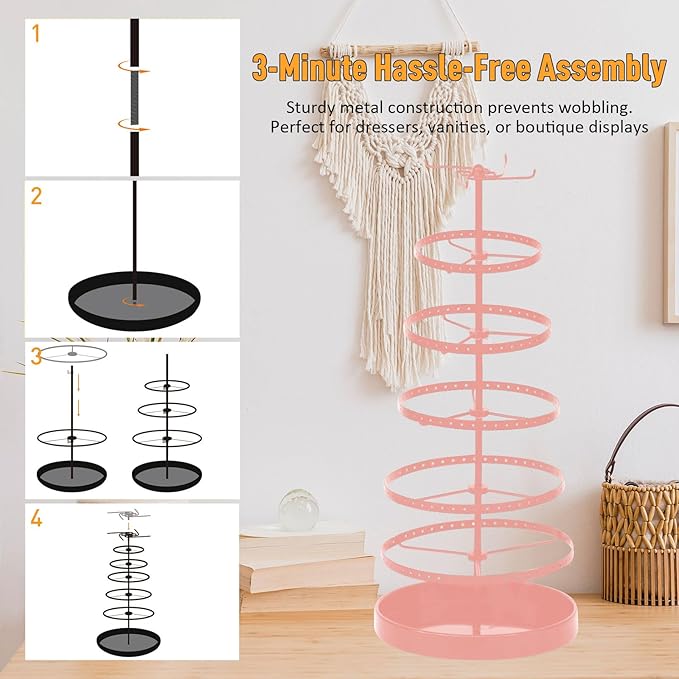 6 Tier Rotating Jewelry Organizer Stand, 230 Holes Earring Holder Organizer for Women Girls, Spinning Earring Tree with Ring Holder, Wide Base for Bracelets Watches Lipstick