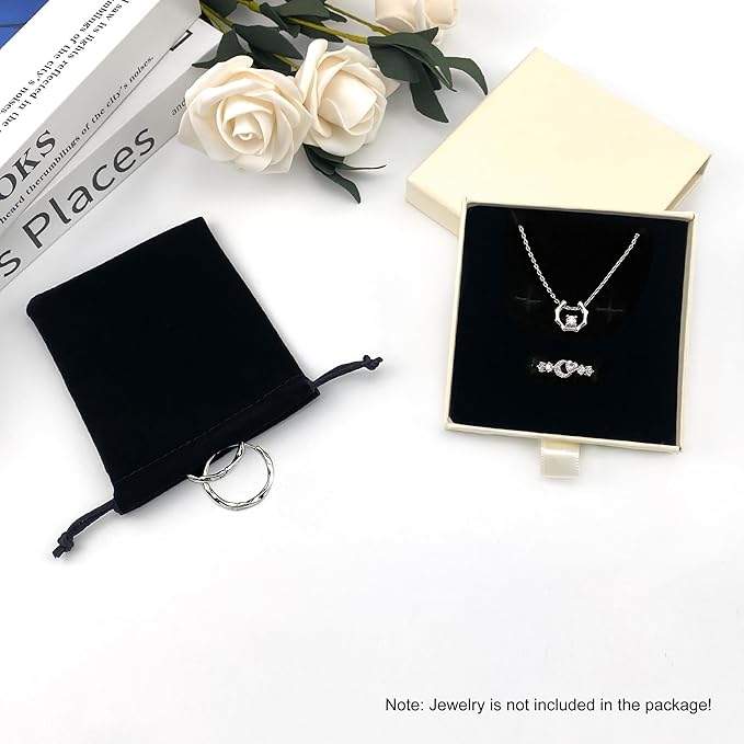 Small Jewelry Gift Box and Velvet Bag, Necklace Bracelet Earring Cardboard Organizer Square Jewellery Gift Box Pendent Storage Case for Birthday Xmas Christmas Wrapping (Beige)
