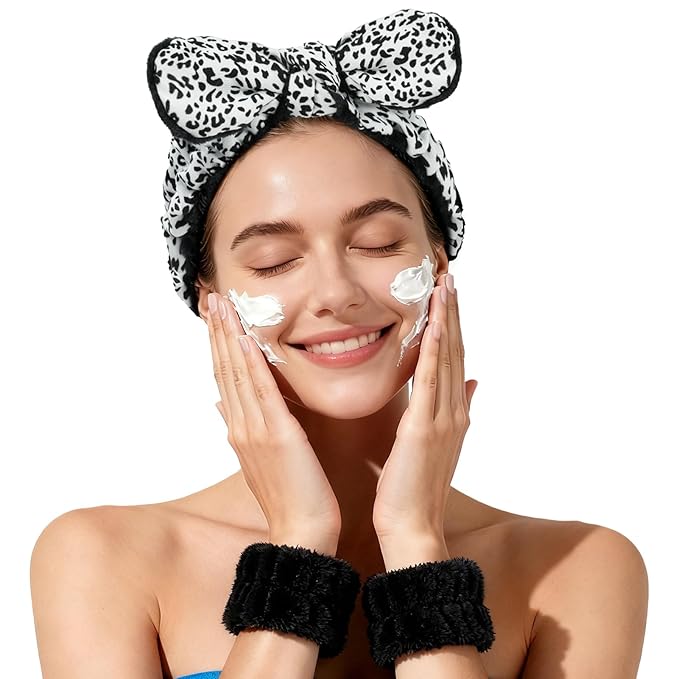 Fmeida Spa Headband and Wrist Bands for Washing Face - Soft Headbands for Women's Hair, Skin Care Facial Hairband, White Leopard, 3-Pack