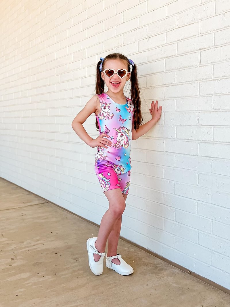 Taubow 2 Packs Gymnastics Leotards for Girls 4t 5t Rainbow Unicorn Tumbling Outfit Biketard with Shorts Gymnastics Outfit