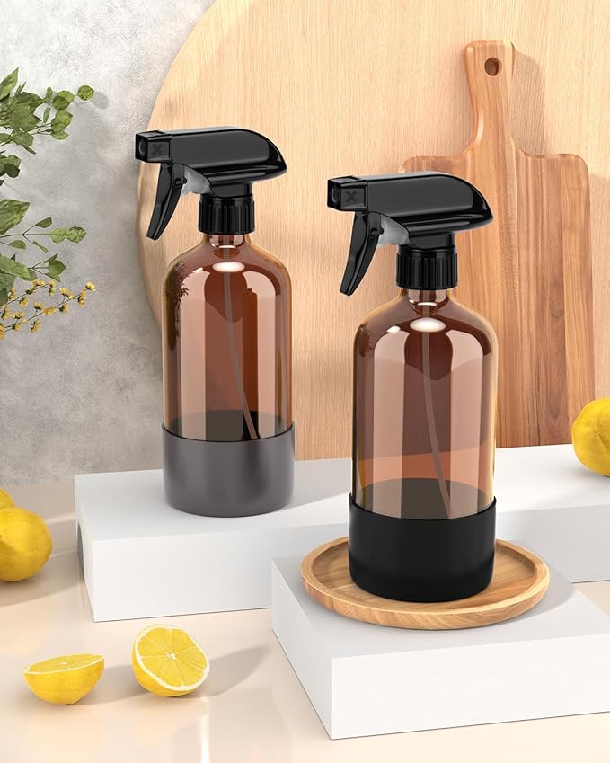 Bontip Glass Spray Bottle with Silicone Sleeve Protection, Amber Glass Spray Bottle Set for Window Cleaner Aromatherapy Facial Hydration Watering Flowers Hair Care 2 Pack/16 oz (Black & Grey, 16 oz)