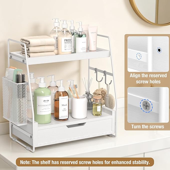 2 Tier Bathroom Counter Organizer Wood - Tiered Bathroom Countertop Shelf with Drawer, Removable Basket & 2 Hooks, Makeup Vanity Organizer for Skincare Perfume Toiletries, 13'' White