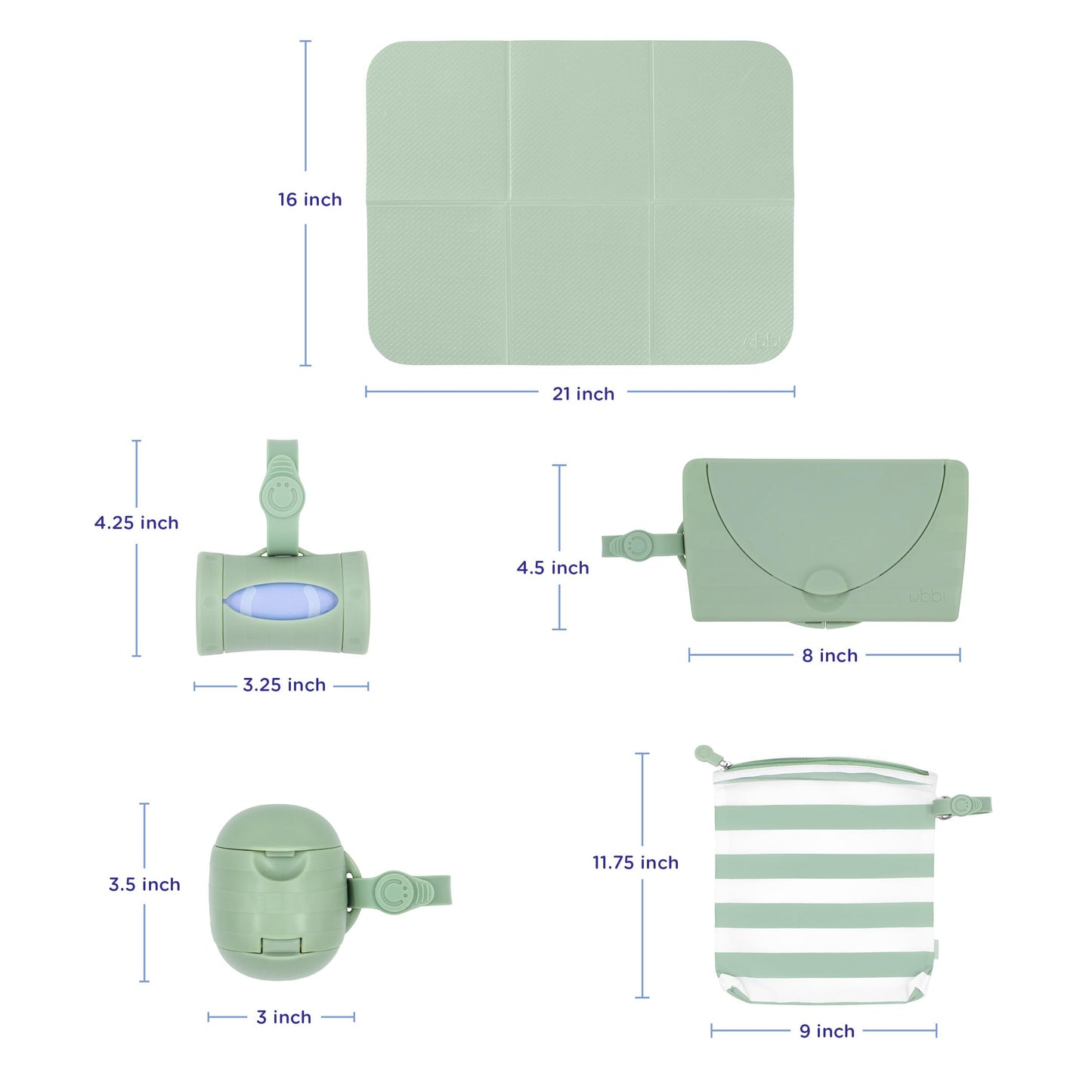 Ubbi On-the-Go Diapering Gift Set, Includes Changing Mat and Bag, Wipes Dispenser, Pacifier Holder and Bag Dispenser, Newborn Essentials, Sage