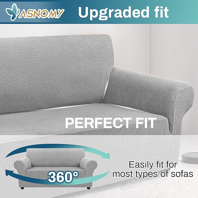Asnomy Sofa Covers for 2 Cushion Couch Stretch loveseat Covers Slipcovers, Pet Protector Furniture Covers for Dogs Cats Spandex Jacquard Fabric Small Checks （Medium，Silver）
