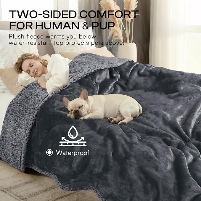 Luciphia Waterproof Pet Blanket, Liquid Pee Proof Dog Blanket for Sofa Bed Couch, Reversible Sherpa Fleece Furniture Protector Cover for Small Medium Large Dogs Cats, Dark Gray Large（65" x 57"）