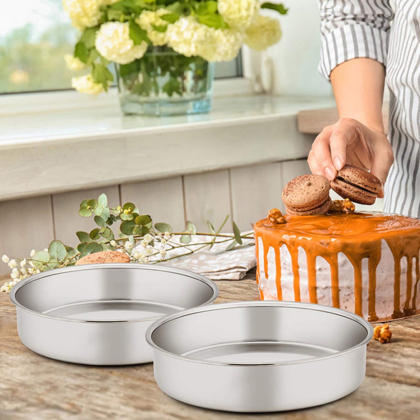 E-far 9½ Inch Cake Pan Set of 3, Stainless Steel Round Cake Baking Pans, Non-Toxic & Healthy, Mirror Finish & Dishwasher Safe