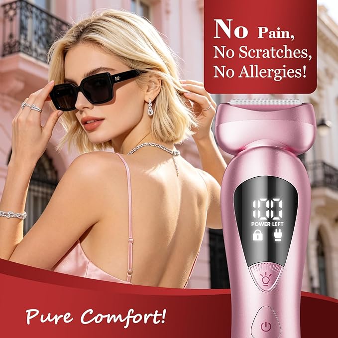 Cordless Electric Razors for Women: Rechargeable Painless Bikini Trimmer for Body Hair - IPX7 Waterproof Shaver with LED Display for Face/Underarm/Leg Soft Pink