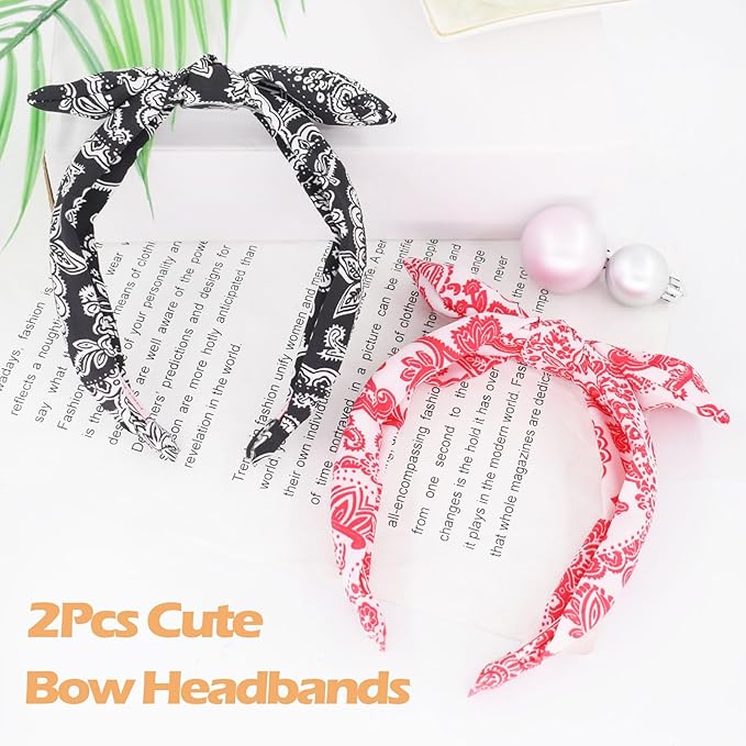 Bow Headbands for Girls,Thin Headband with Bow Women Hair Accessories Fashion Knotted Head Band Non Slip Hairband Hair Hoops for Paisley(Red and Black, 2Pcs)