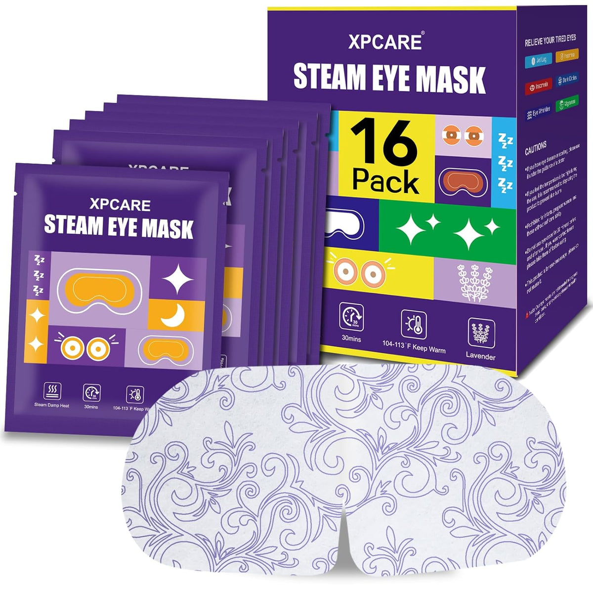 XPCARE 16 Pack Steam Eye Masks for Dry Eyes, Heated Eye Mask Warm Compress for Eyes,Disposable Heated Eye Mask for Dark Circles, Puffy Eyes, Relief Stress Eye Fatigueï¼Lavenderï¼