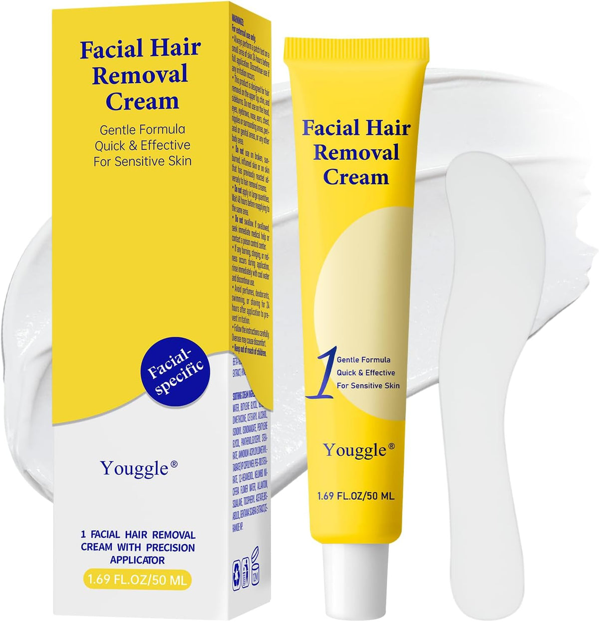 Facial Hair Removal For Women, Painless & Gentle Hair Removal Cream | Chin | Upper Lip | Cheeks for Sensitive Skin (5 Min, 7 Days) - 1.69Fl Oz