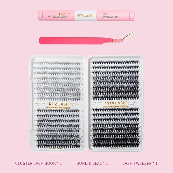 RITALASH Lash Extension Kit 10D+20D+30D+40D DIY Lash Clusters 640pcs Cluster Lashes Individual Lashes Eyelash Extension Kit with Lash Bond and Seal,Lash Tweezers(10D+20D+30D+40D Kit,10-16mm)