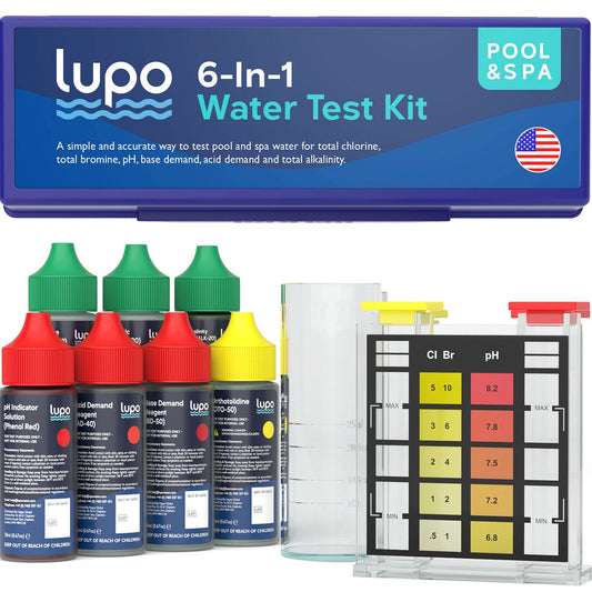 Lupo 6-in-1 Pool Test Kit | Pool Testing Kit for Residential Swimming Pools & Spas for Testing Total Chlorine, Total Bromine, pH, Base Demand, Acid Demand & Total Alkalinity Quick & Accurate Testing