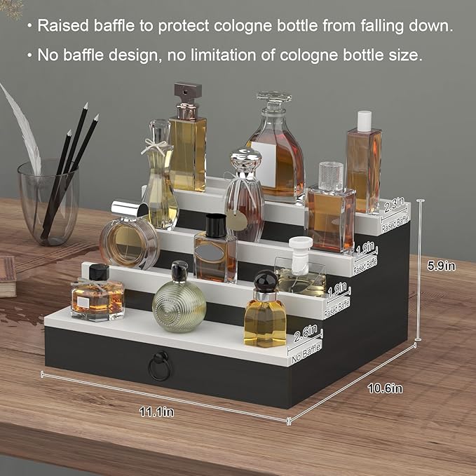 upcessory Cologne Organizer for Men, 4 Tier Black Wood Perfume Organizer with Felt Lining Drawer and Hidden Compartment, Perfume Display Holder, A Gift for Men