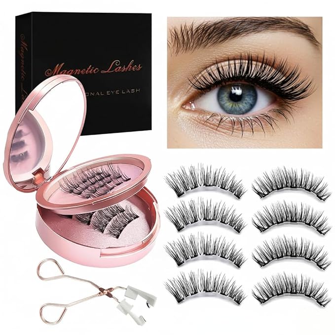Magnetic Eyelashes with Applicator, 1 Packs (4 Pairs Total), Pink Reusable False Lashes, Natural Look, Glue-Free, Lightweight Wear