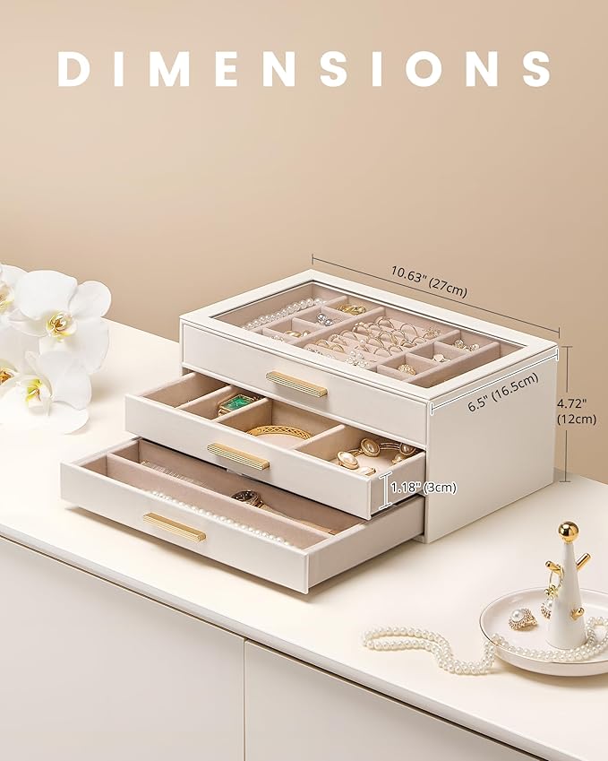 Lolalet Jewelry Box Organizer, 3-Layer Jewelry Organizers and Storage Case with Glass Lid, Ring Earring Bracelet Necklace Holder Organizer, Birthday Valentine Gifts for Women Girls -3Layer, Beige