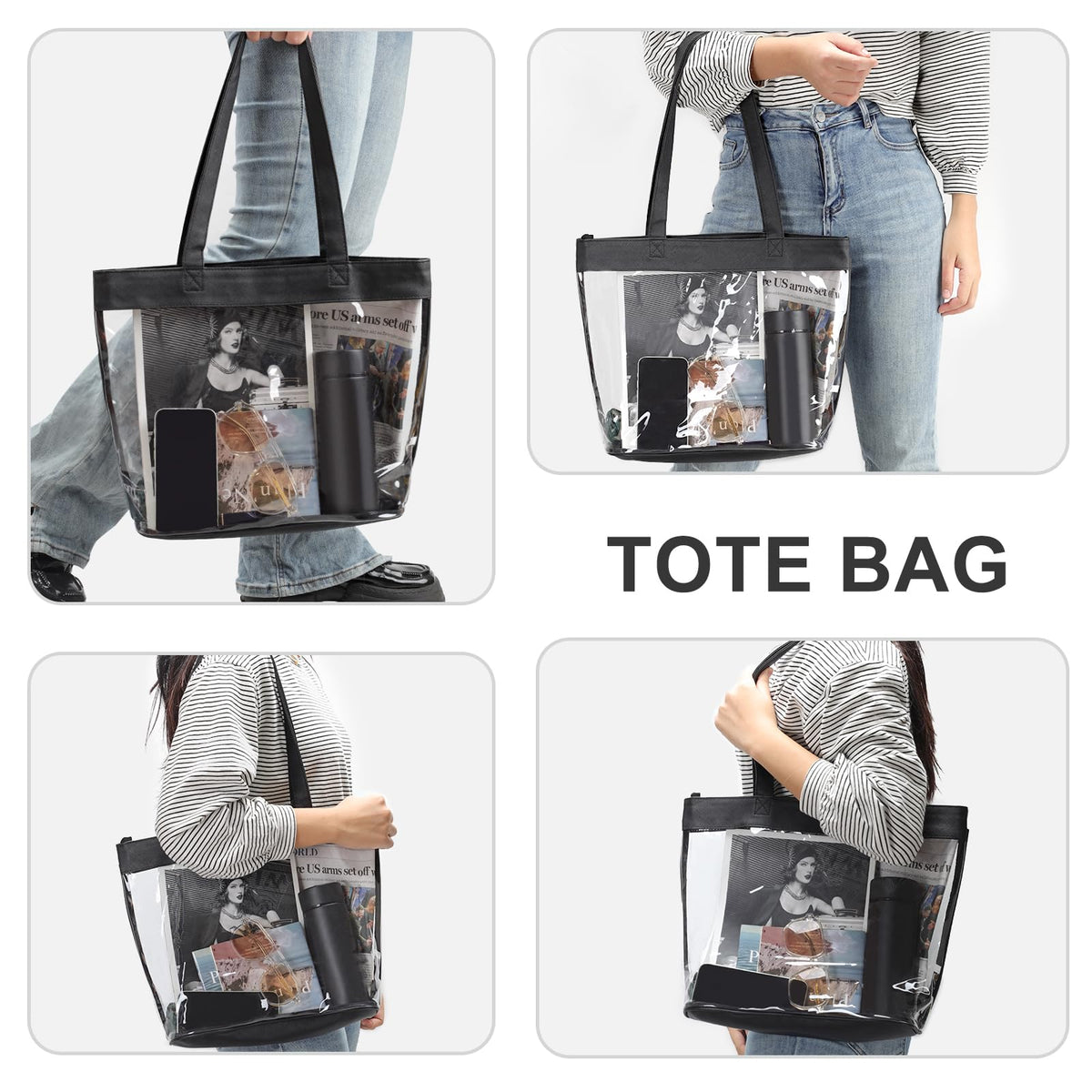 SeBUCUOO 12x12 Clear Tote Bag for Stadium Events, Women's Transparent Shoulder Bag with Stadium Approved Size 12x6x12, Black